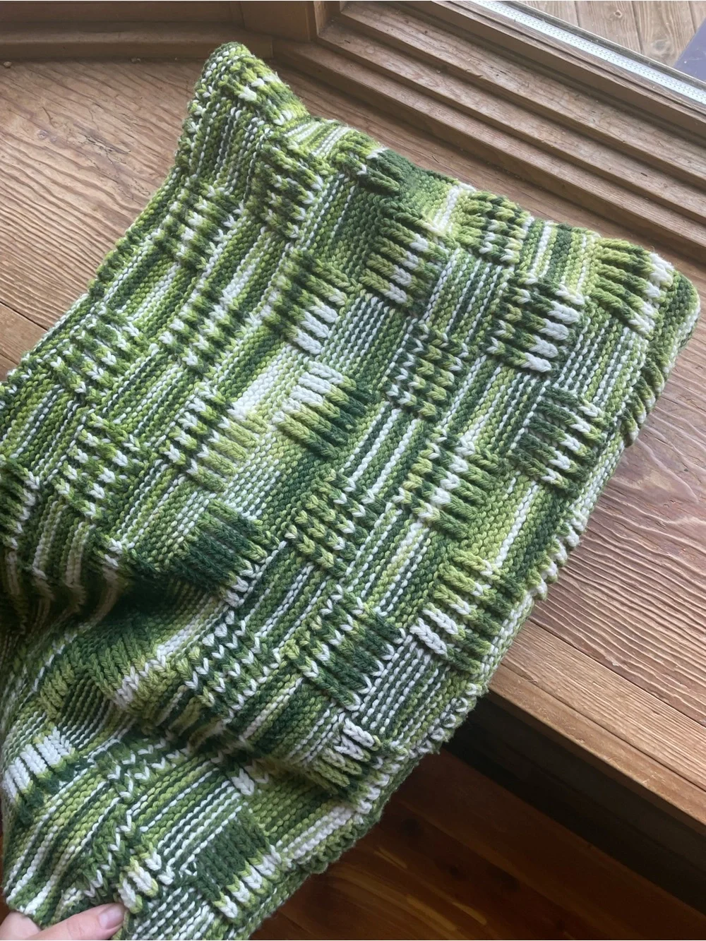 Handknit Green & White Checkerboard variegated Throw 50” x70”